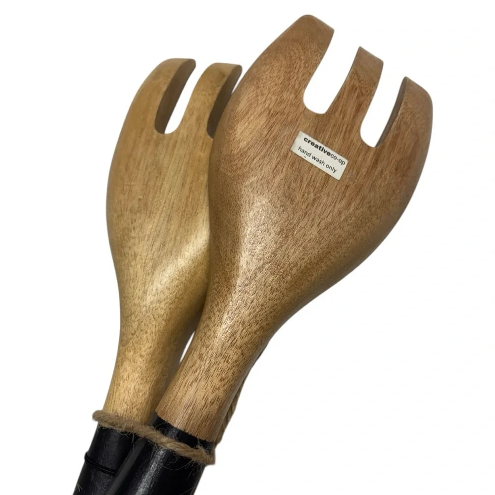 Hand Carved Wood Salad Servers Tong Fork Black Handle 3 Prong Set of 2 Forks
